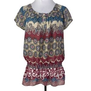 NY Collection Boho Peplum Lace Back Blouse Women's Medium Red Blue Paisley‎